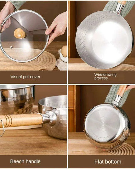 Japanese Stainless Steel Snow Pan with Ergonomic Wooden Handle and Lid - Perfect for Stewing, Frying, and Milk Heating