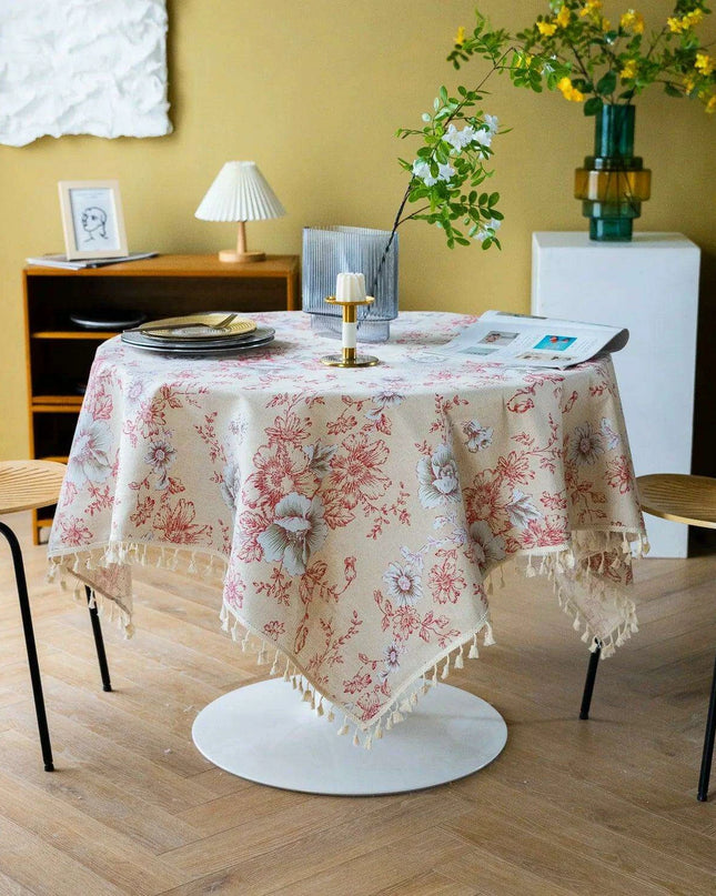 Chic Vintage Floral Cotton Linen Table Runner with Elegant Tassels