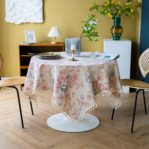 Chic Vintage Floral Cotton Linen Table Runner with Elegant Tassels