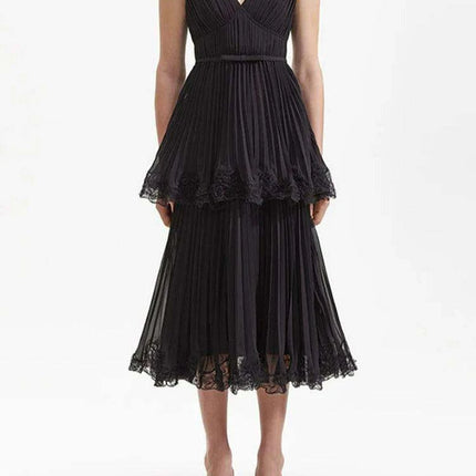 Pleated V-neck Chiffon Evening Dress with Slim Waist Design for Women