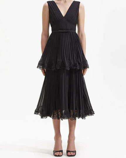 Pleated V-neck Chiffon Evening Dress with Slim Waist Design for Women