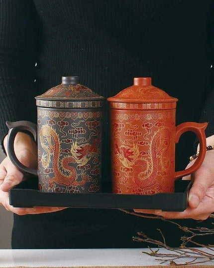 Handcrafted Purple Clay Dragon Teacup with Strainer & Lid - Unique Yixing Zisha Mug