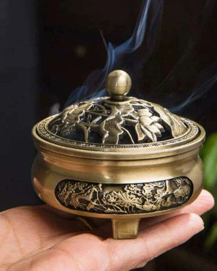 Antique Hollow Copper Incense Burner with Three Legs - Elegant Zen Decor for Home and Yoga Spaces