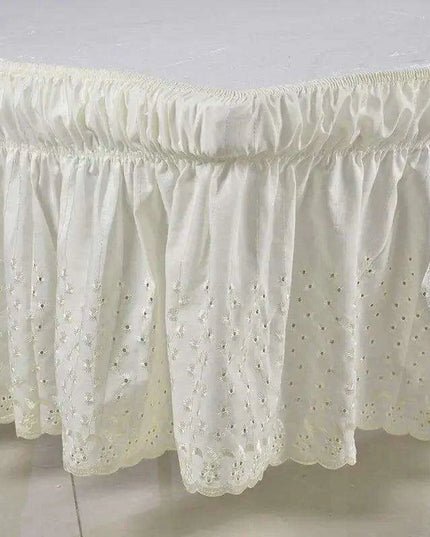Embroidered Floral Cotton Queen Bed Skirt - Elastic Fit with Elegant Finish
