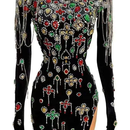 Elegant Black Velvet Evening Gown with Dazzling Crystal Details