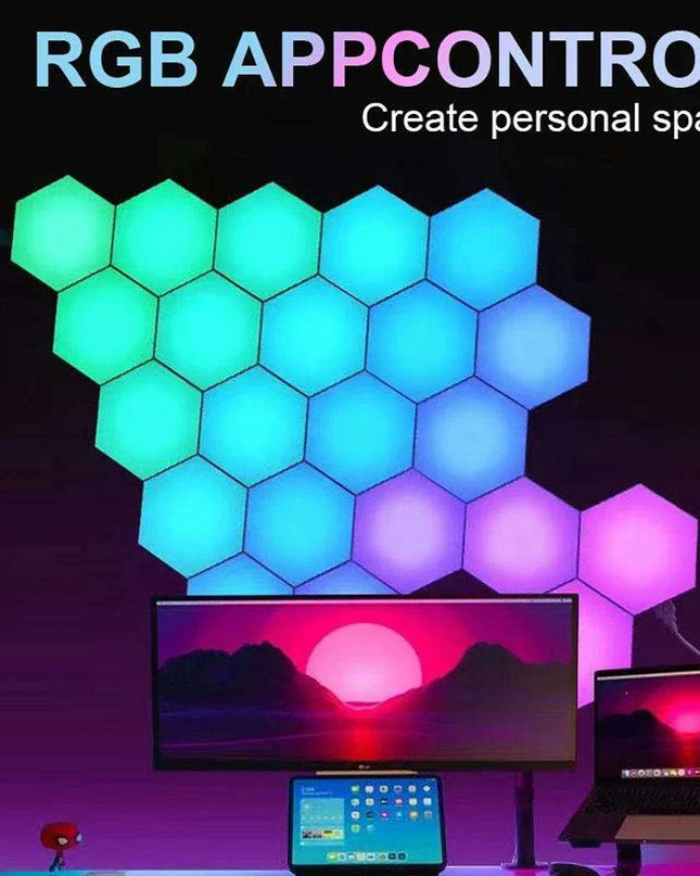 Hexagon RGB Ambient Light Display Kit with Bluetooth Music Sync and Customizable Designs - Ideal for Gaming and Home Decor