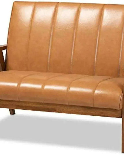 Nikko Tan Faux Leather Loveseat with Walnut Brown Finish - Chic Sofa for Modern Living Rooms