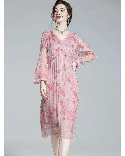 Chic V-Neck Puff Sleeve Mulberry Silk Dress with French Floral Print