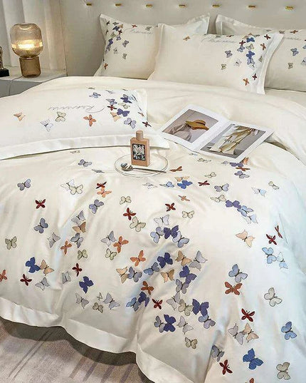 Exquisite 100% Egyptian Cotton Butterfly Embroidered Luxury Bedding Set with Duvet Cover, Sheets, and Pillowcases