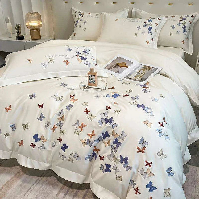 Exquisite 100% Egyptian Cotton Butterfly Embroidered Luxury Bedding Set with Duvet Cover, Sheets, and Pillowcases