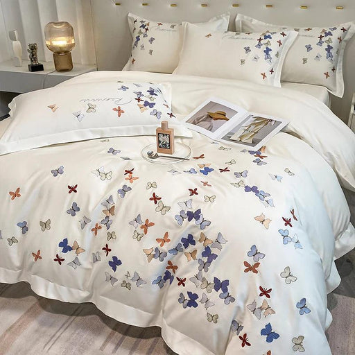 Exquisite 100% Egyptian Cotton Butterfly Embroidered Luxury Bedding Set with Duvet Cover, Sheets, and Pillowcases