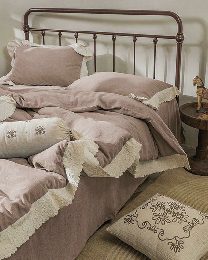 French Vintage Elegant Cotton Linen Lace Duvet Cover and Sheet Set - 4 Piece Collection