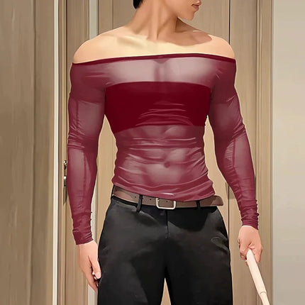OG Waves Men's Sheer Mesh Off Shoulder Long Sleeve Slim Fit Tee