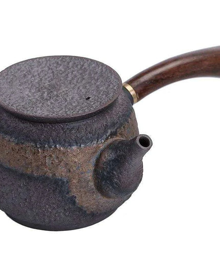 Elegant Blackwood-Handled Iron Glazed Japanese Kung Fu Teapot