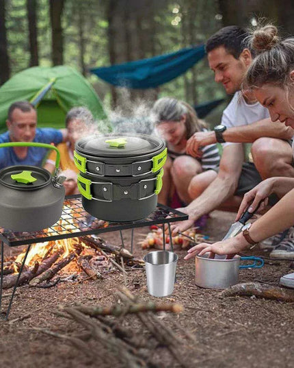 All-in-One Portable Camping Cookware Set with Non-Stick Cookware, Kettle, and Collapsible Utensils for Outdoor Adventures