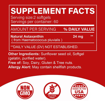 Xemenry Astaxanthin 24mg Triple Strength Softgels — High Potency Microalgae Antioxidant Supplement
