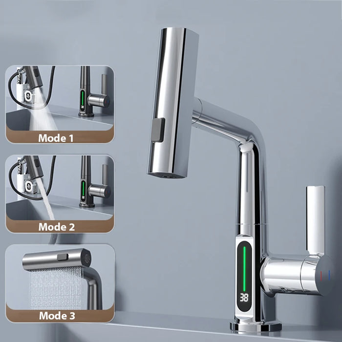 Digital Waterfall Basin Faucet with Lift Up/Down Stream Sprayer and Temperature Display
