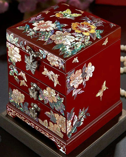 Handcrafted Mother-of-Pearl Jewelry Box with Enchanting Butterfly and Peony Design - Ideal for Storing Bangles and Keepsakes