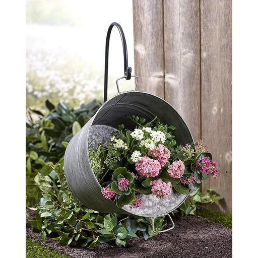 Galvanized Metal Pail Planter with Hook - Vintage Rustic Flower Pot for Farmhouse Gardens