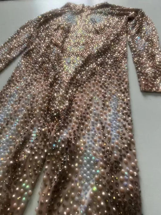 Glamorous Night Out: Men's Rhinestone and Pearl Jumpsuit for Unforgettable Style