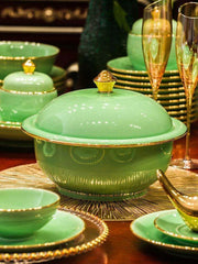 Sophisticated Blue and White Porcelain Dinnerware Set with Opulent Gold Accents