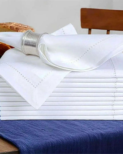 Set of 6 Luxurious Hemstitched Linen Napkins with Nature-Inspired Motifs - Flax Fabric for Elegant Dining