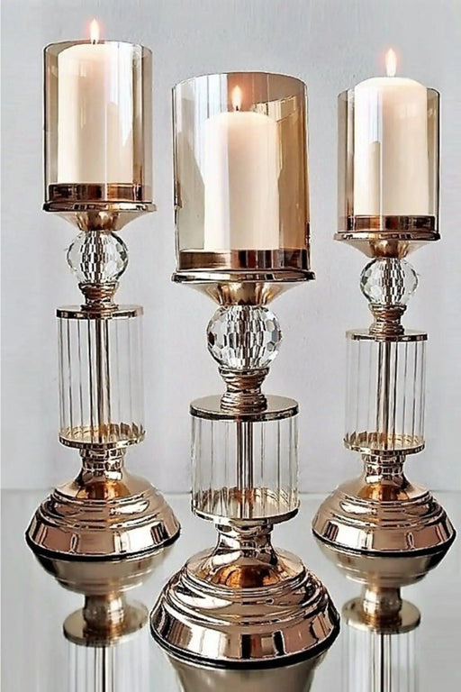 Glamorous Gold Crystal Candle Holder Set - 3 Piece Elegance