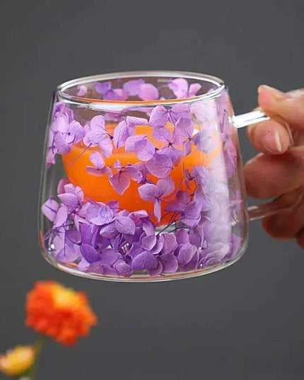 Insulated Double Wall Glass Cup with Dried Flowers - Creative Tea, Coffee, and Milk Mug with Handle