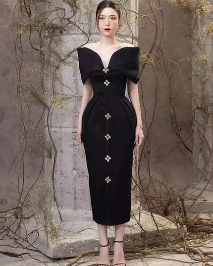 High-Waisted Evening Gown with Asymmetrical Neckline and Slit Detail