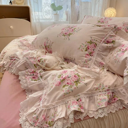 Vintage Floral Cotton Bedding Set - 100% Cotton Ruffle Edge Duvet Cover Set