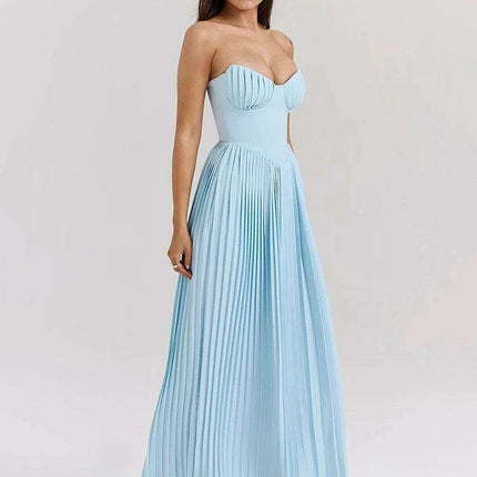 Glamorous Off-Shoulder High Waist Pleated Maxi Dress - Backless Bodycon Long Gown for Women