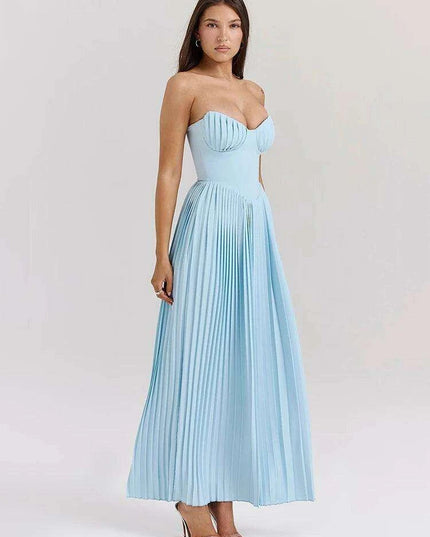 Glamorous Off-Shoulder High Waist Pleated Maxi Dress - Backless Bodycon Long Gown for Women
