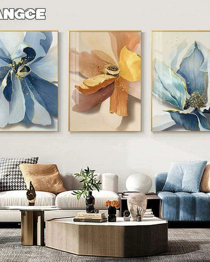Sophisticated Blue Floral Abstract Canvas Artwork with Gold Leaf Highlights - Modern Scandinavian Home Decor