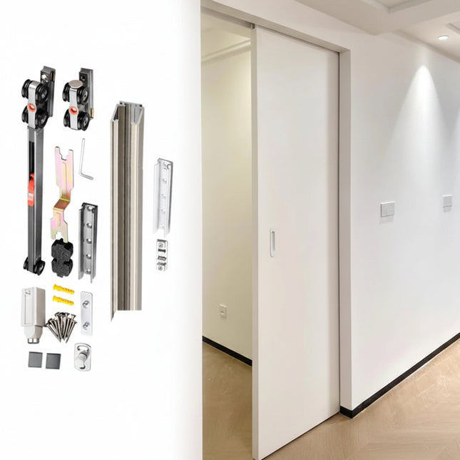 Push-To-Open Soft-Close Pocket Door Hardware — Concealed Overhead Sliding System, Wood & Glass