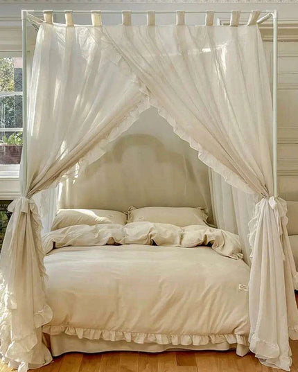 Sheer Linen Canopy Bed Curtains with Ruffled Detailing and Easy Setup