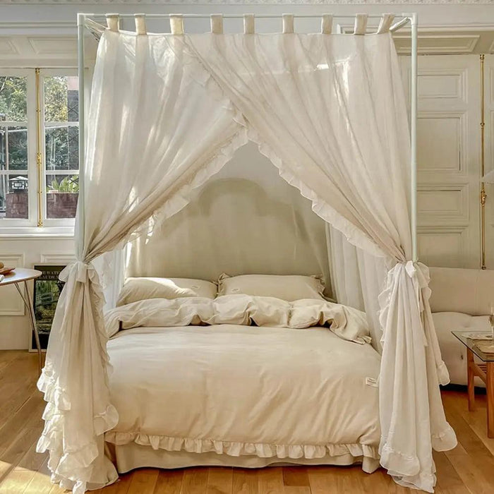 Sheer Linen Canopy Bed Curtains with Ruffled Detailing and Easy Setup