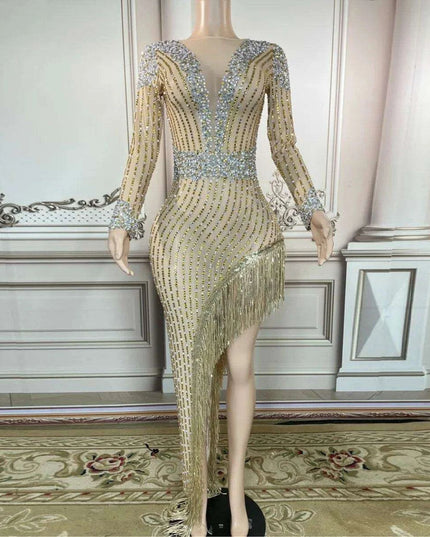 Glamorous Golden Diamond Tassel Evening Gown for Unforgettable Nights in Dubai and Saudi Arabia