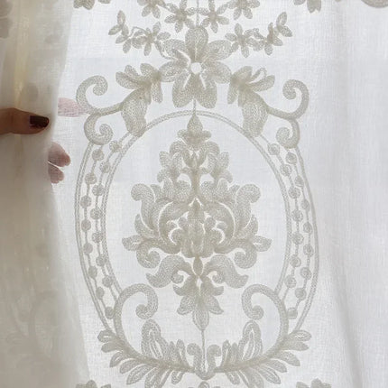 Embroidered White Tulle Sheer Curtain — European Floral Lace, 1 Panel