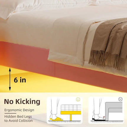 Full Floating Bed Frame with LED Lights, Pink Upholstered Diamond Headboard, No Box Spring Needed, Noise Free, Easy Assembly full-floating-bed-frame-with-led-lights-pink-upholstered-diamond-headboard-no-box-spring-needed-noise-free-easy-assembly
