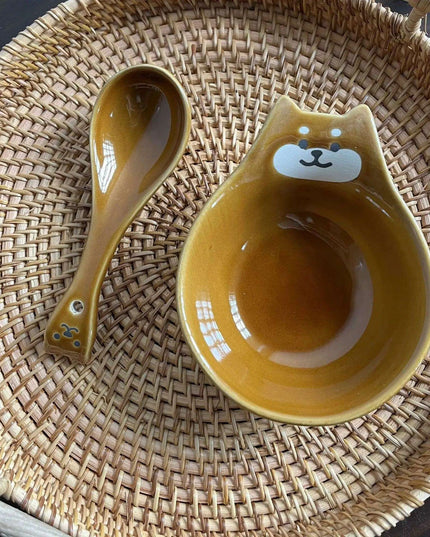 Whimsical Cartoon Relief Ceramic Sauce Bowl with Spoon for Hot Pot and BBQ Delight