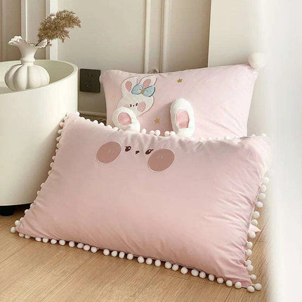 Charming Pink Cartoon Rabbit & Moon Embroidered 100% Cotton Girls Bedding Set with Whimsical Ball Edges - Duvet Cover, Sheet & Pillowcases