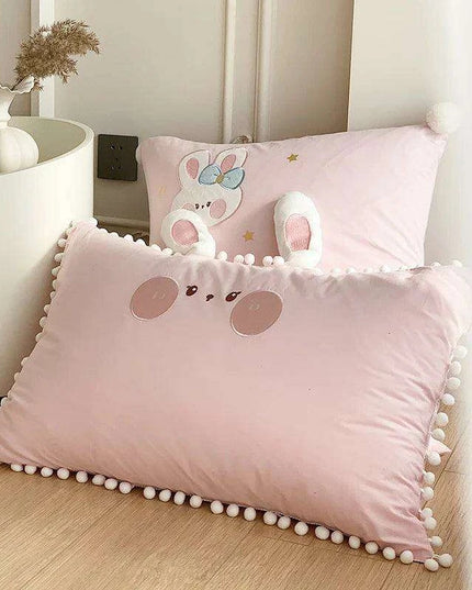 Charming Pink Cartoon Rabbit & Moon Embroidered 100% Cotton Girls Bedding Set with Whimsical Ball Edges - Duvet Cover, Sheet & Pillowcases