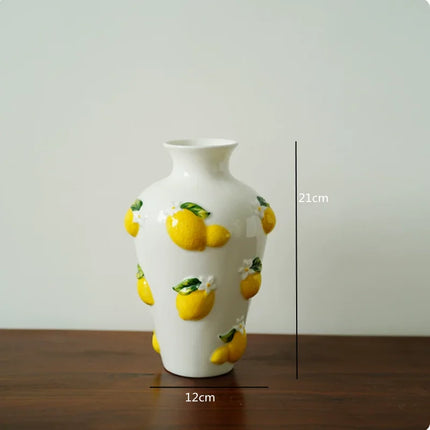Hand Drawn Lemon Relief Ceramic Vase, Lemon Girl Desktop Flower Vase,