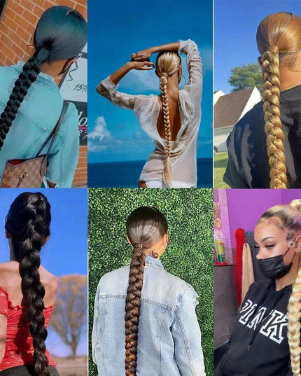 Chic Braided Ponytail Extension Set - Black & Brown Heat-Resistant Synthetic Hair Tie