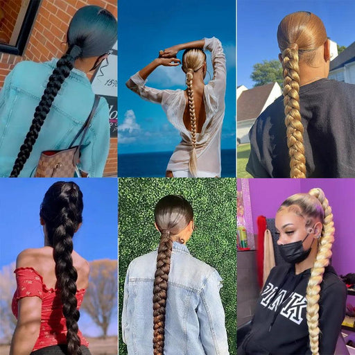 Chic Braided Ponytail Extension Set - Black & Brown Heat-Resistant Synthetic Hair Tie