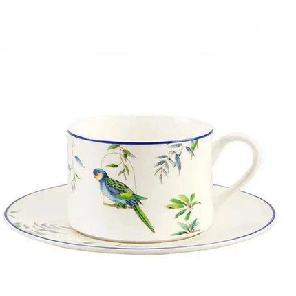 Colorful Parrot-Themed Porcelain Dining Collection: Bowl, Cup, Saucer, and Serving Tray