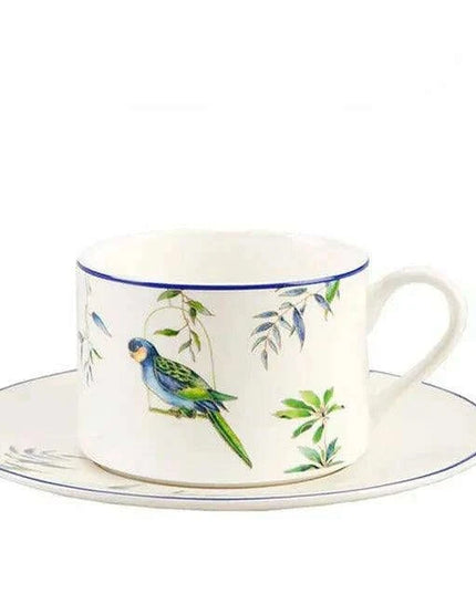 Colorful Parrot-Themed Porcelain Dining Collection: Bowl, Cup, Saucer, and Serving Tray
