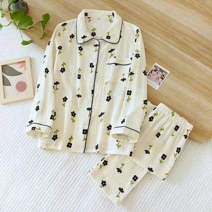 Japanese Crepe Cotton Women's Long Sleeve Pajama Set - Luxurious Sleepwear for Ladies