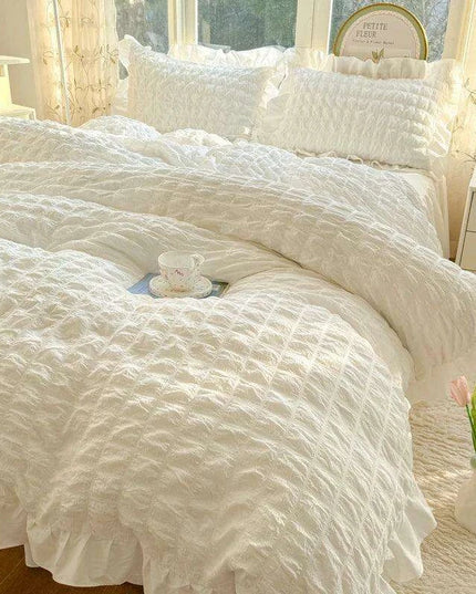 Luxe Korean Princess Lace Ruffle Bedding Ensemble with Duvet Cover, Bed Sheet, Skirt, and Pillowcases