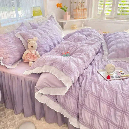Elegant Ruffled Cotton Seersucker Bedding Set for Women - Solid Color Comforter Cover with Coordinating Bed Skirt, Available in King and Queen Sizes